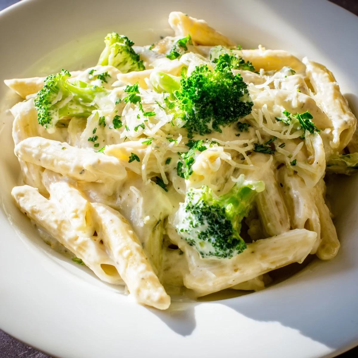 Steaming hot cream cheese garlic pasta, a creamy delight with Parmesan cheese and fresh parsley.