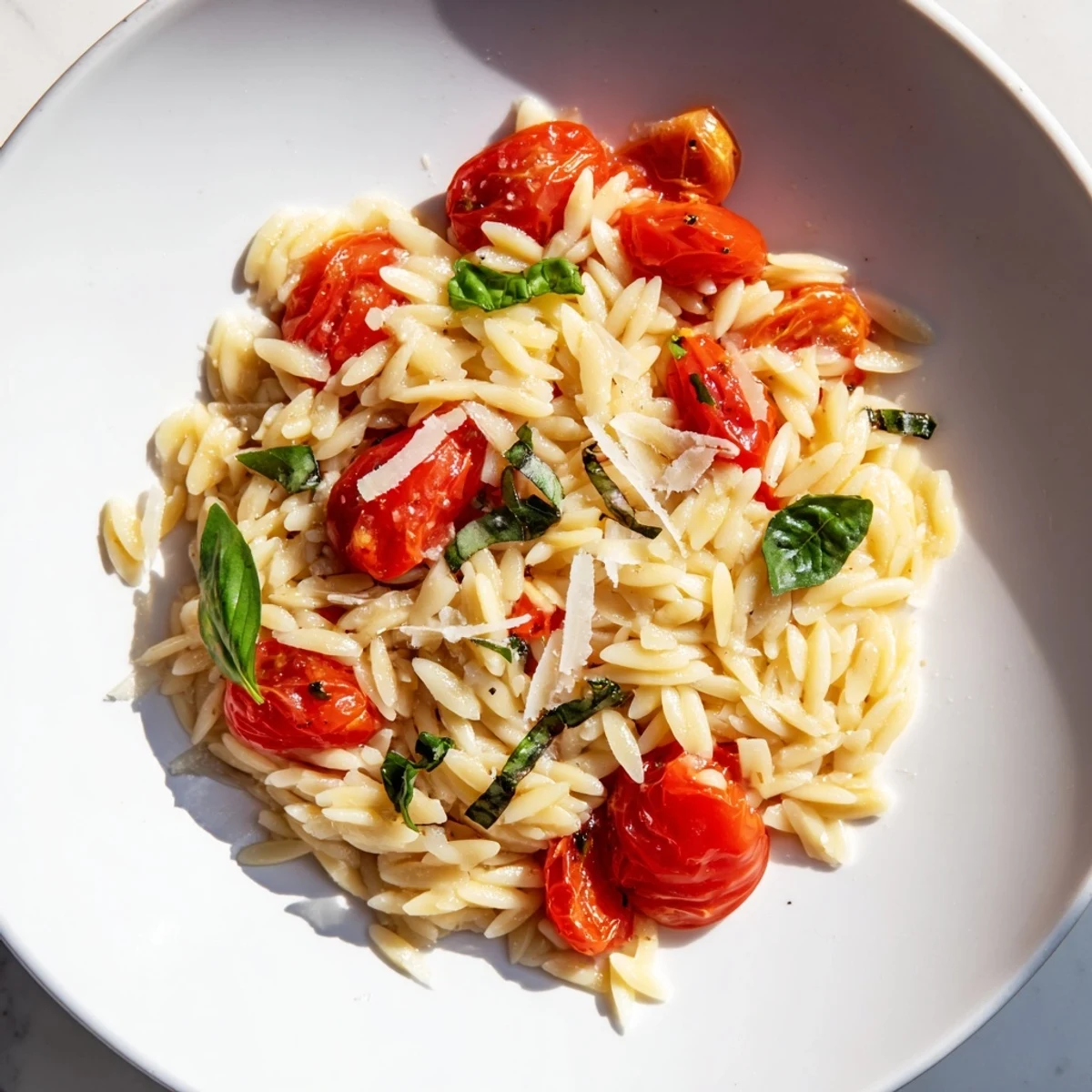 Freshly made Orzo Tomato Parmesan, a Mediterranean pasta salad, ready to eat with basil garnish.