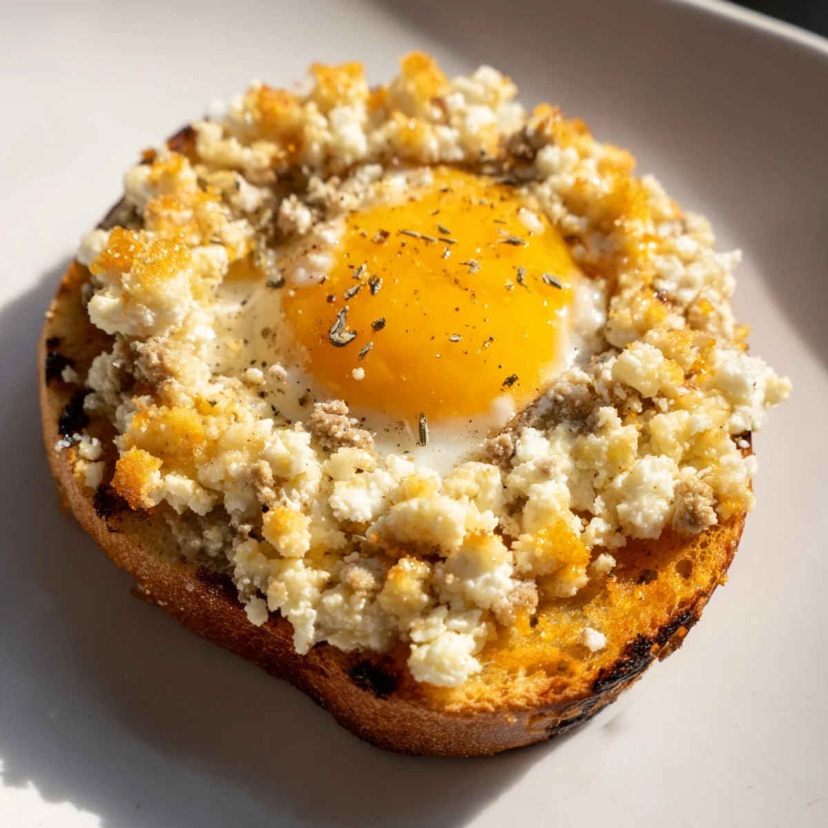 Melted cheese oozing from a freshly grilled Feta Fried Eggs Grilled Cheese sandwich, ready to eat.