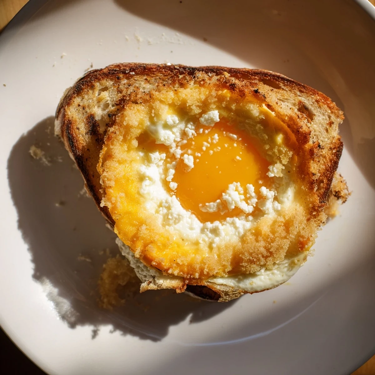 Golden, crispy edges of feta fried eggs nestled in a Feta Fried Eggs Grilled Cheese.