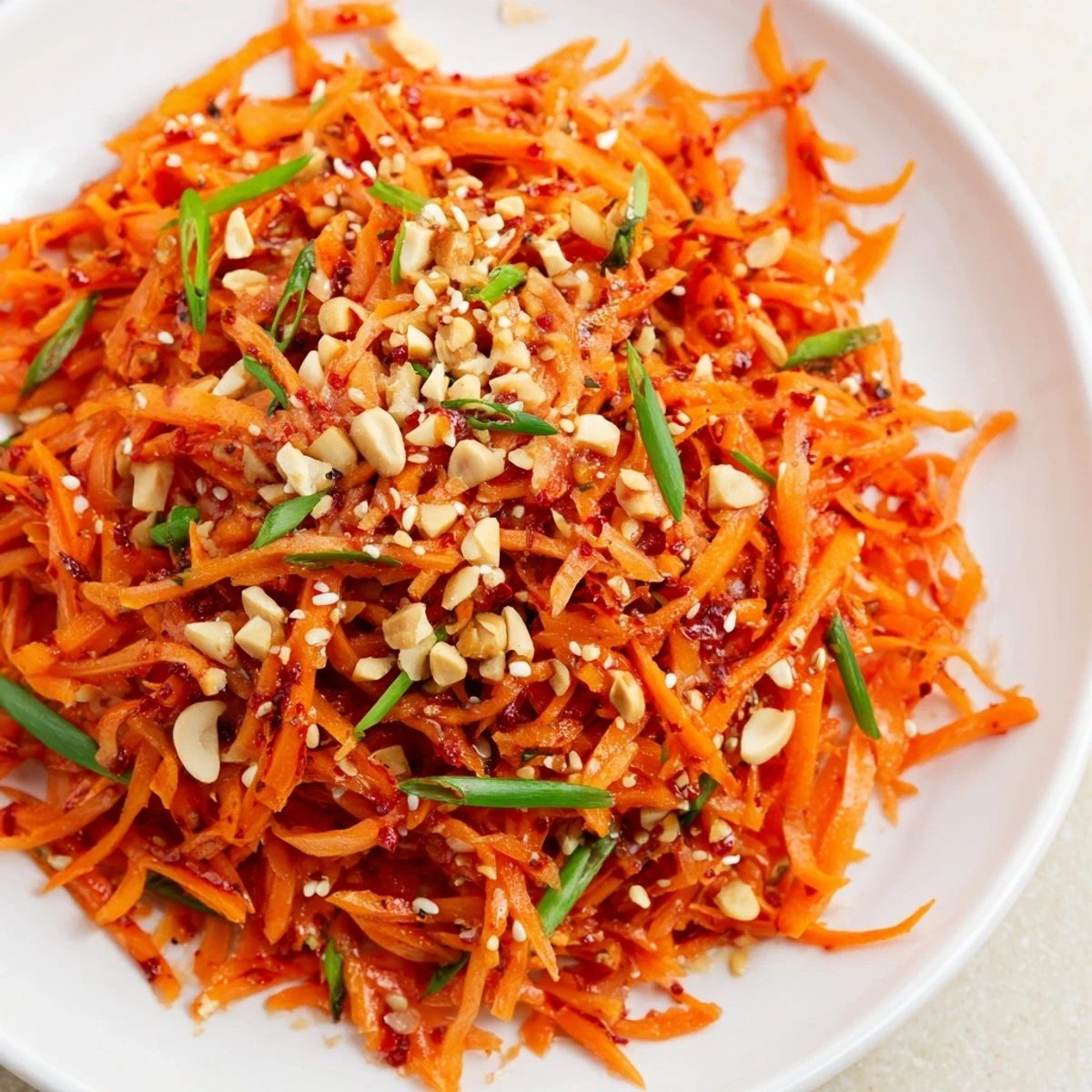 Vibrant Spicy Carrot Salad with shredded carrots and a tangy, spicy dressing, ready to eat!