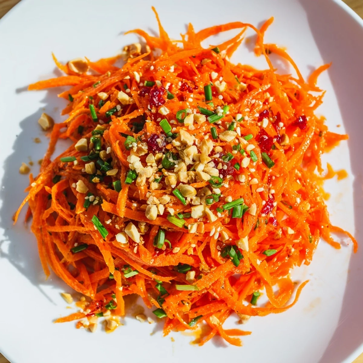 Freshly made Spicy Carrot Salad, perfect served as a side dish or light vegan starter option.