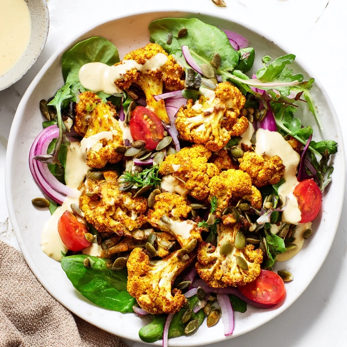 Golden-brown, crispy cauliflower florets in a vibrant Crispy Cauliflower Salad, drizzled with creamy tahini.