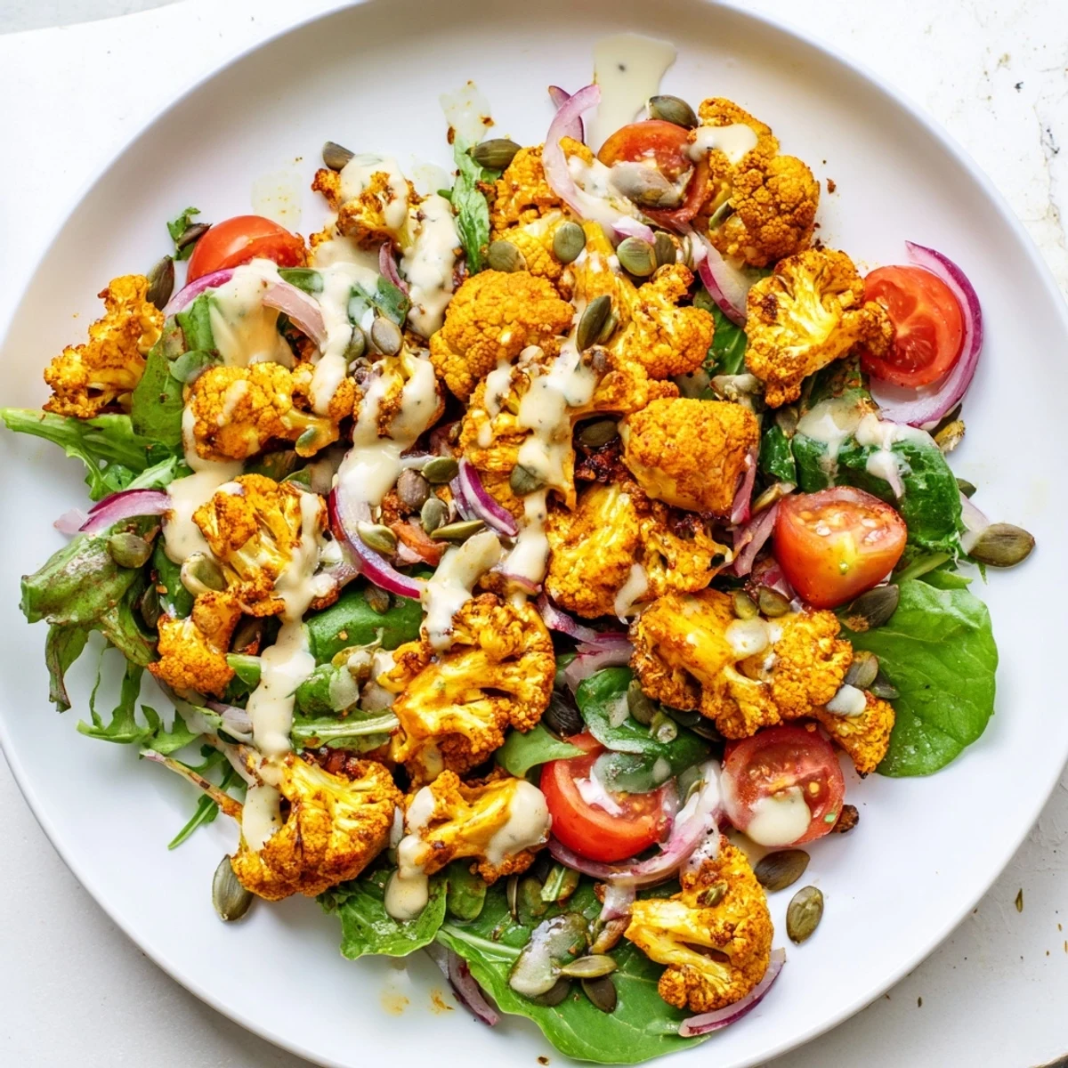 This Crispy Cauliflower Salad features perfectly air-fried cauliflower, combined with fresh greens and tahini dressing.