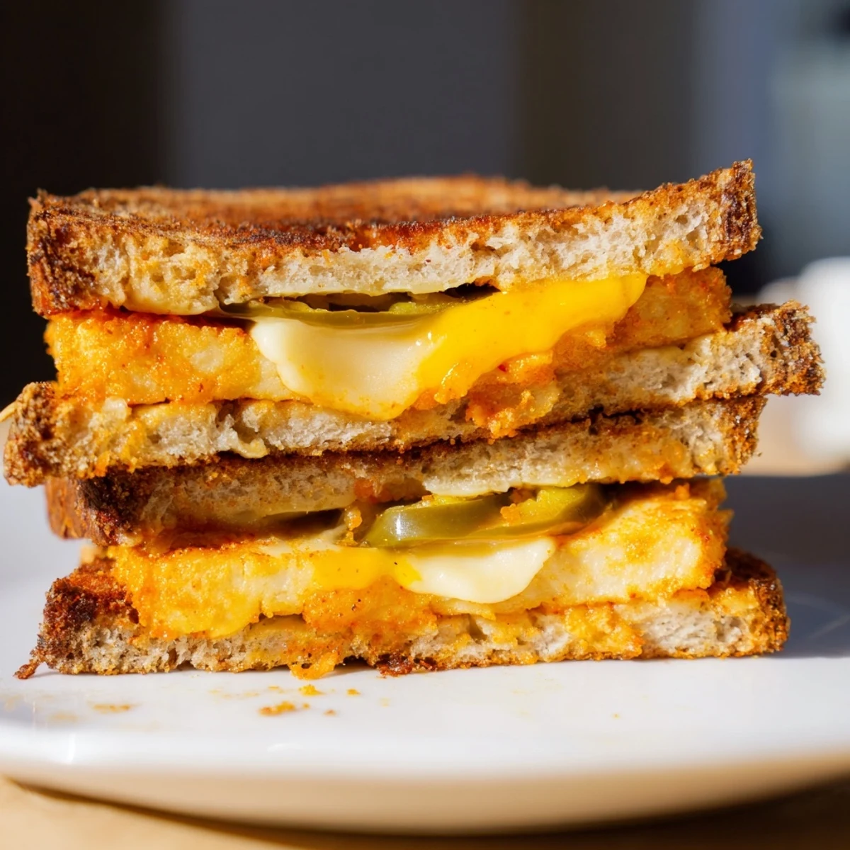 Golden-brown, crispy spicy tofu grilled cheese sandwich, oozing with melted vegan cheddar, ready to be enjoyed.