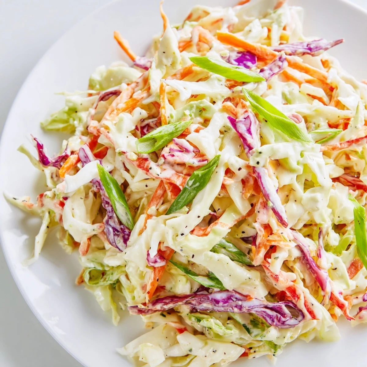 Freshly made Quick Coleslaw Salad, crunchy, colorful, and dressed with a creamy, perfect dressing.