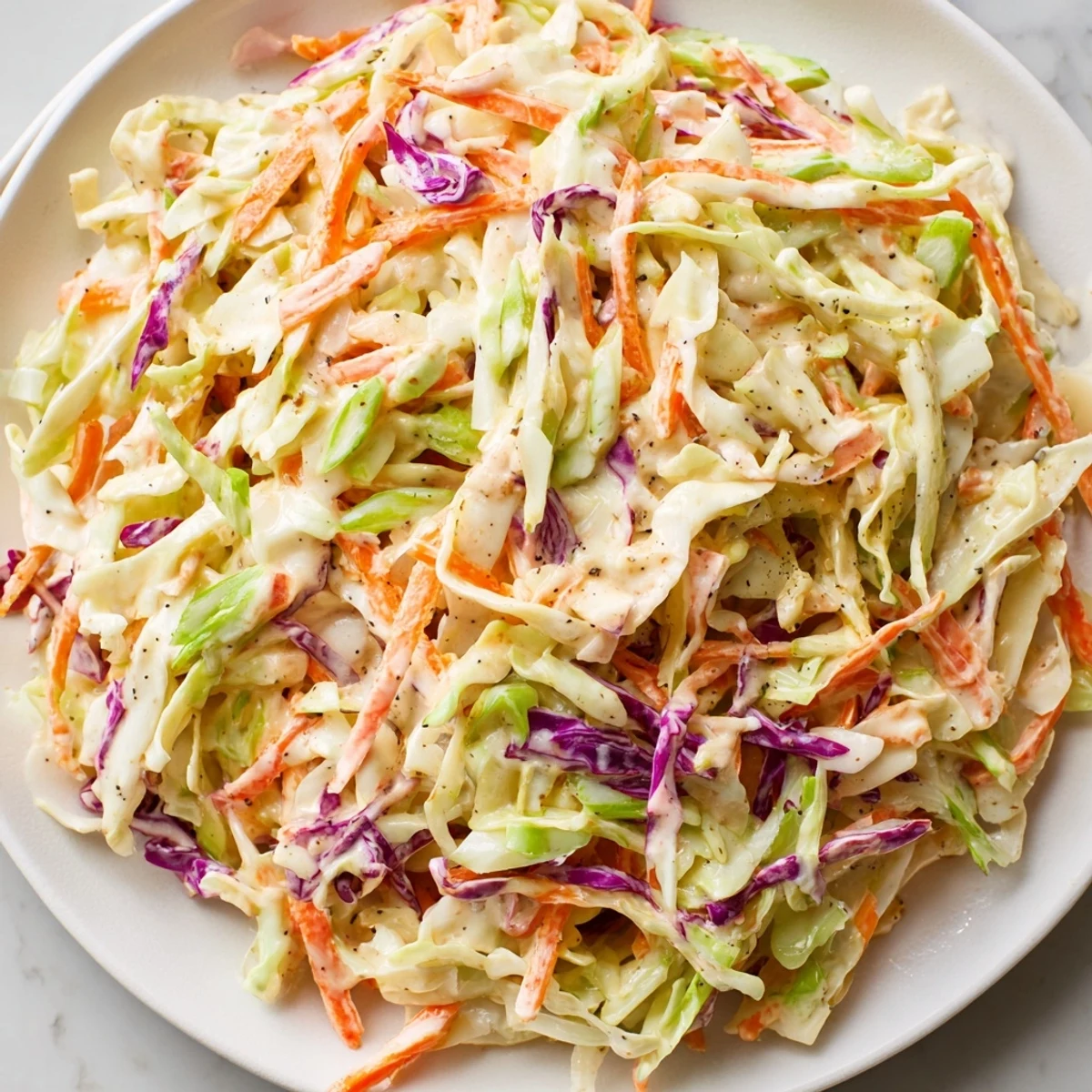 This Quick Coleslaw Salad shows shredded cabbage and carrots mixed, ready for a summer barbecue.