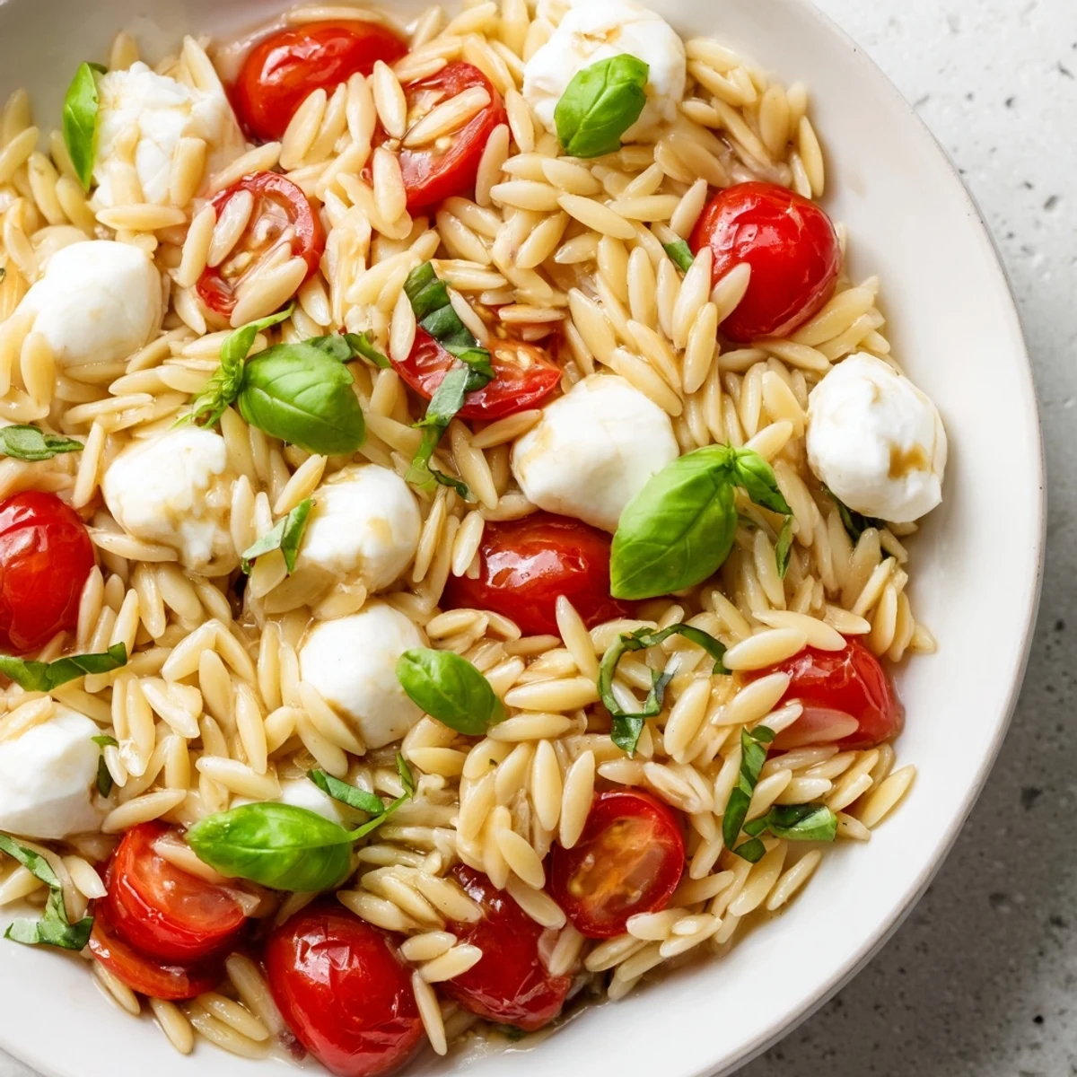 Fresh Caprese Orzo Salad with juicy tomatoes, creamy mozzarella, and balsamic glaze, ready to enjoy.