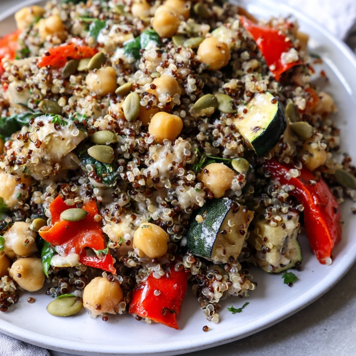 A colorful quinoa power protein salad with roasted vegetables, perfect for a healthy lunch.