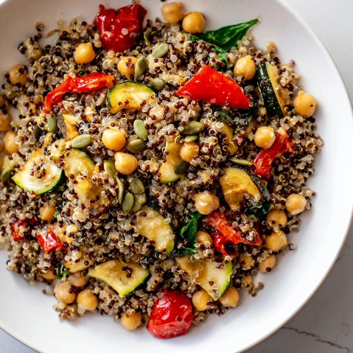 Imagine a close-up of a delicious quinoa power protein salad, bursting with flavor and color, ready to eat.