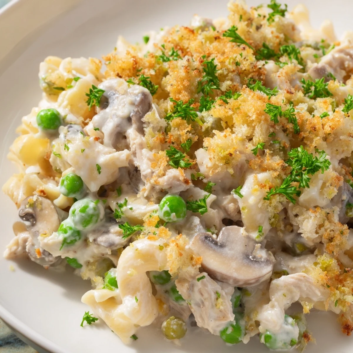 Golden, bubbly Tuna Noodle Casserole with a crispy topping, ready to serve and enjoy.