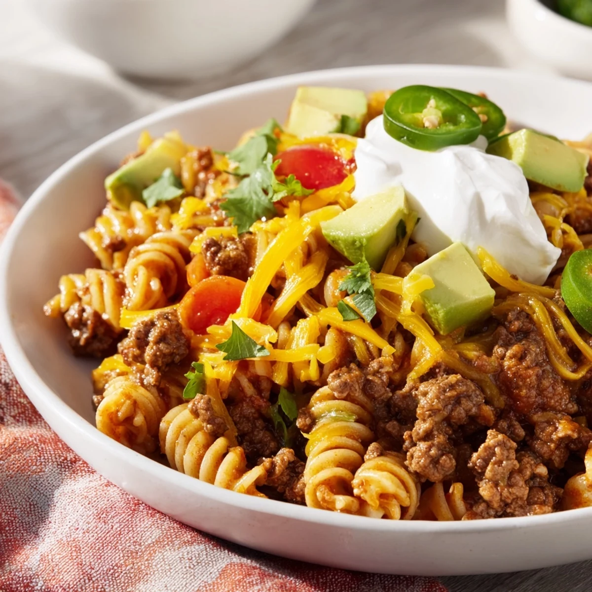 Steaming hot Beef Taco Pasta Skillet topped with melted cheese, ready for your Tex-Mex craving.