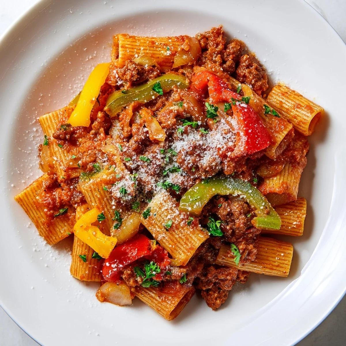 Sausage and Peppers Pasta simmering in a skillet, showcasing Italian flavors with colorful bell peppers.