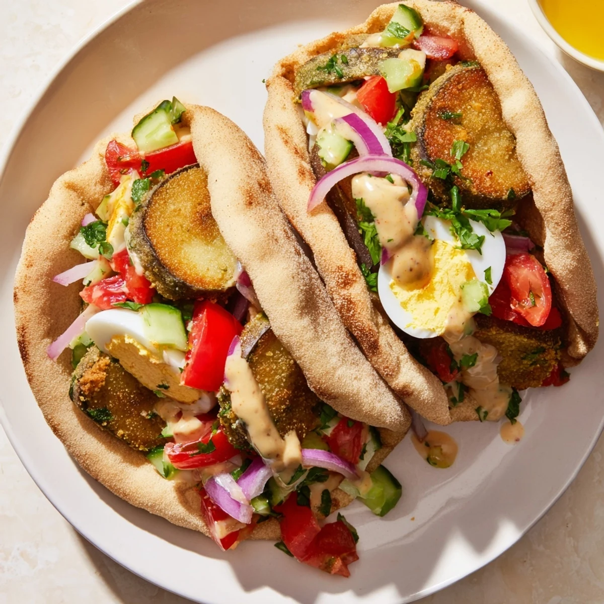 Golden, crispy fried eggplant and creamy tahini in a delicious Israeli Sabich sandwich.