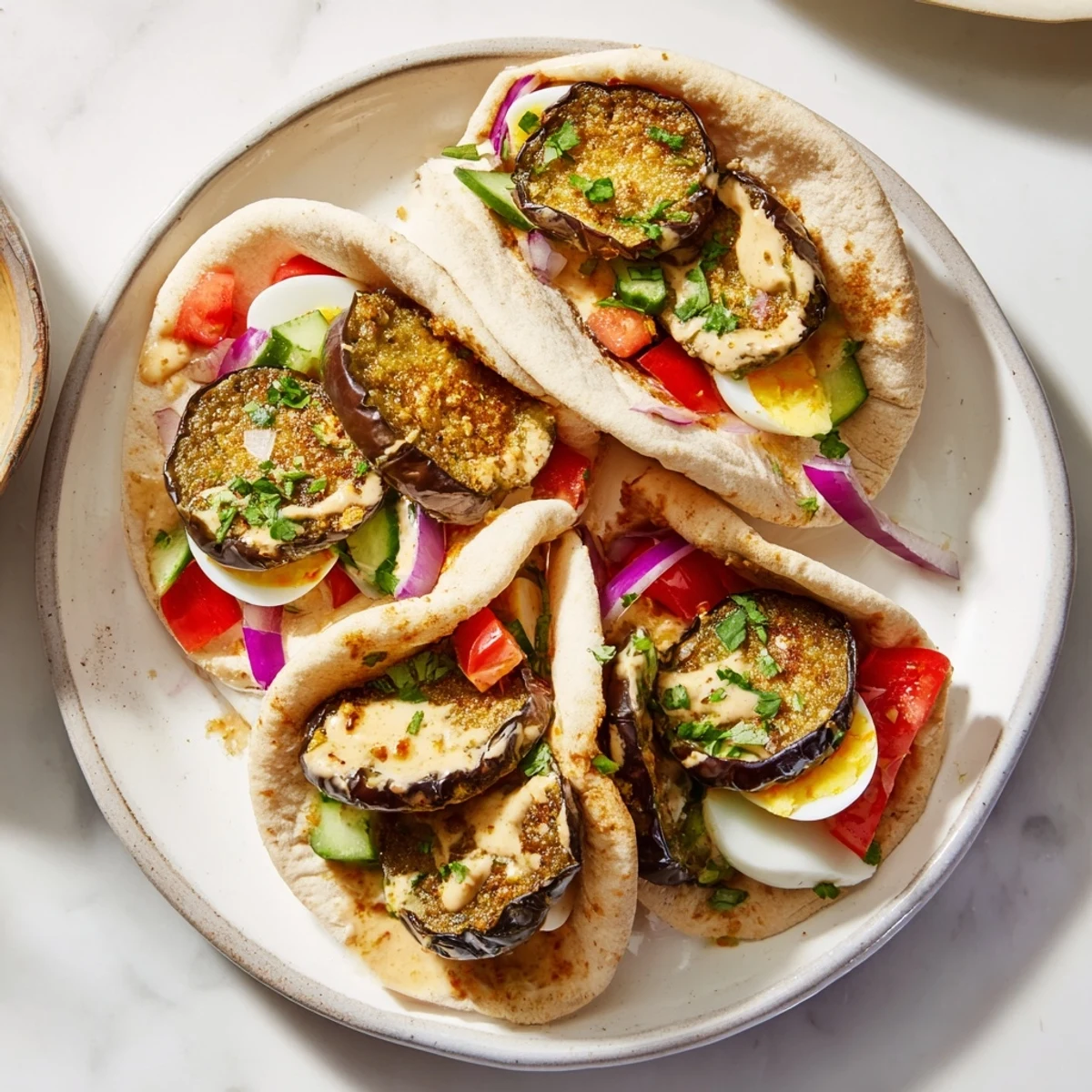 Pita pockets overflowing with fried eggplant and eggs for a hearty Israeli Sabich meal.