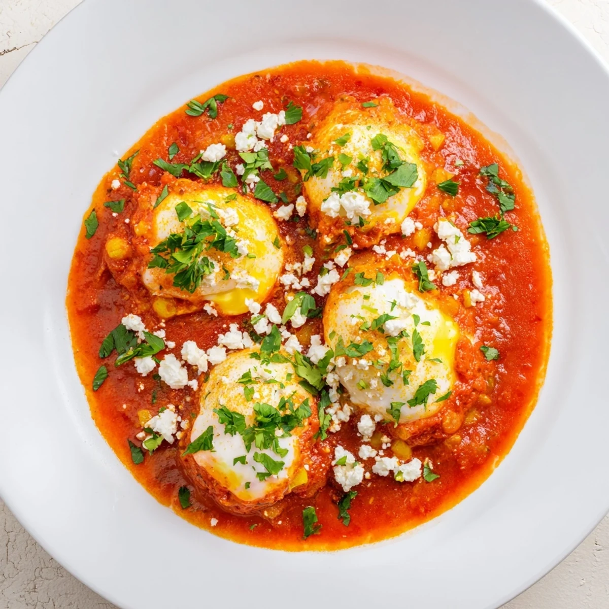 Israeli Shakshuka simmering in a skillet, vibrant red sauce with perfectly poached eggs.