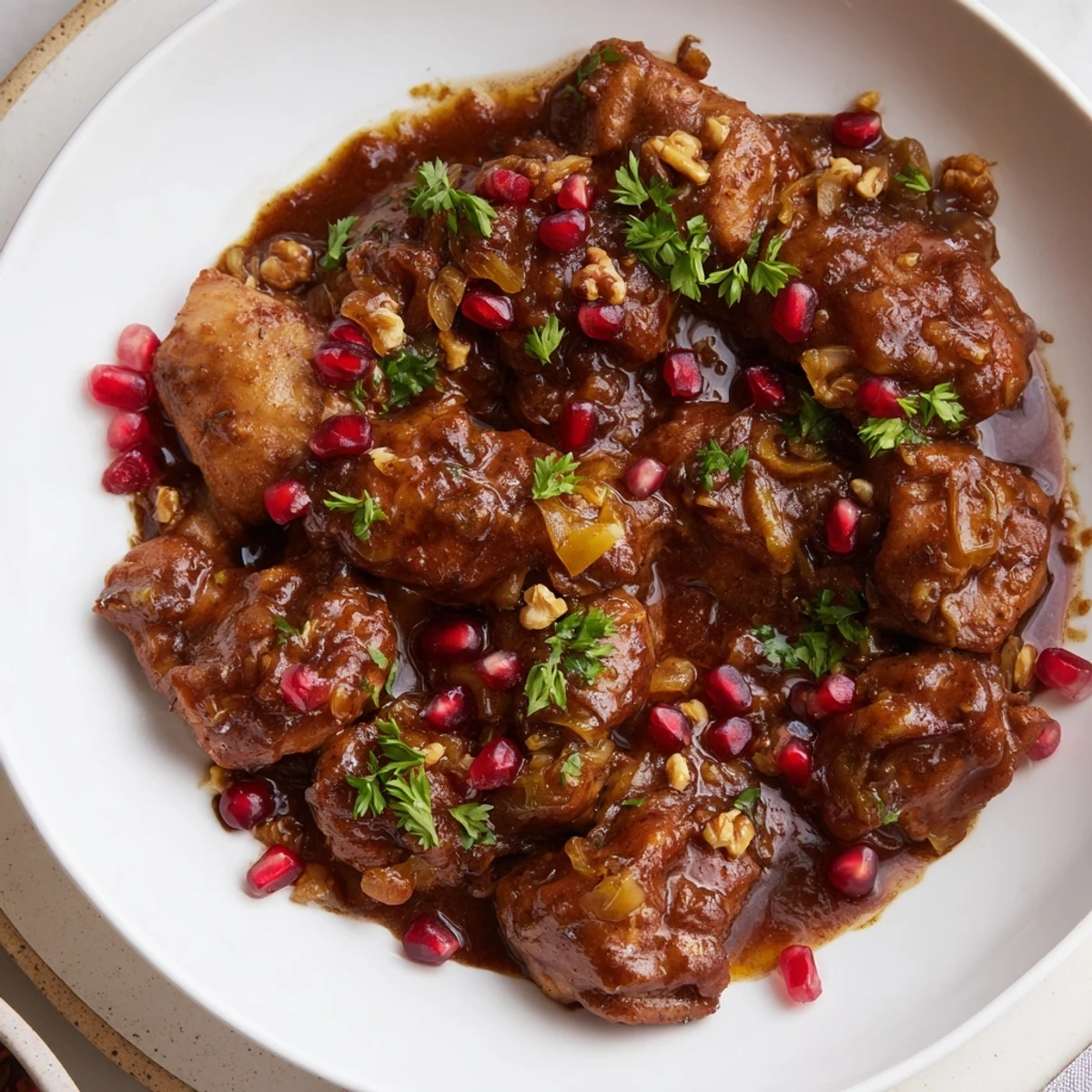 Iranian Fesenjan stew simmering, with a rich, dark sauce and tender chicken visible.