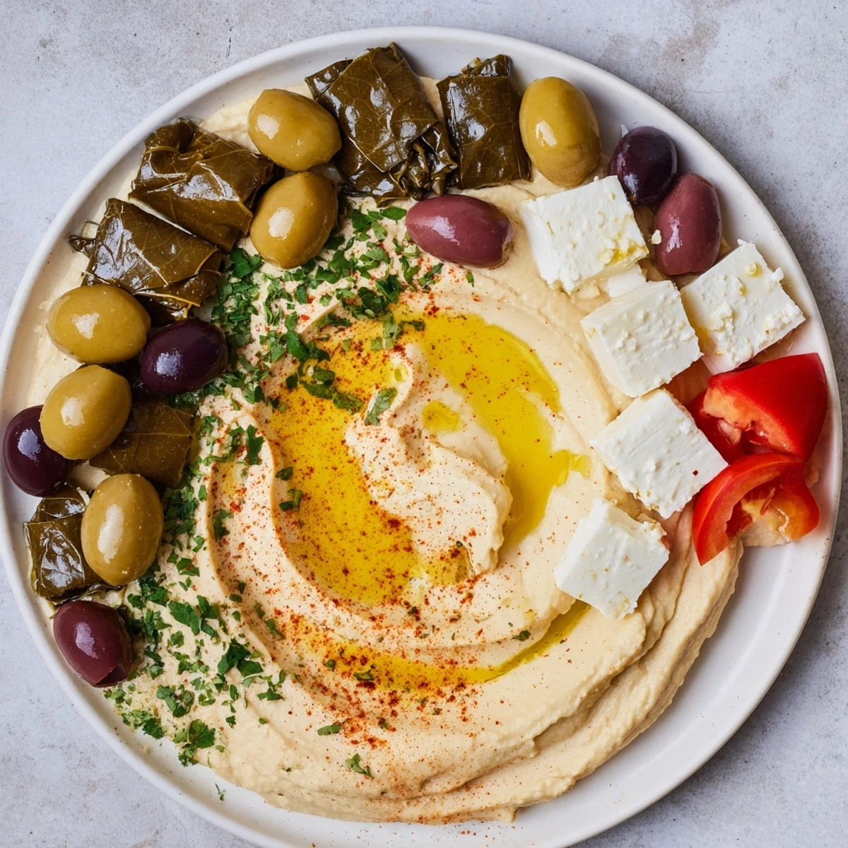 A colorful Turkish Meze Platter with hummus, dolmas, and cheeses, ready to be enjoyed.