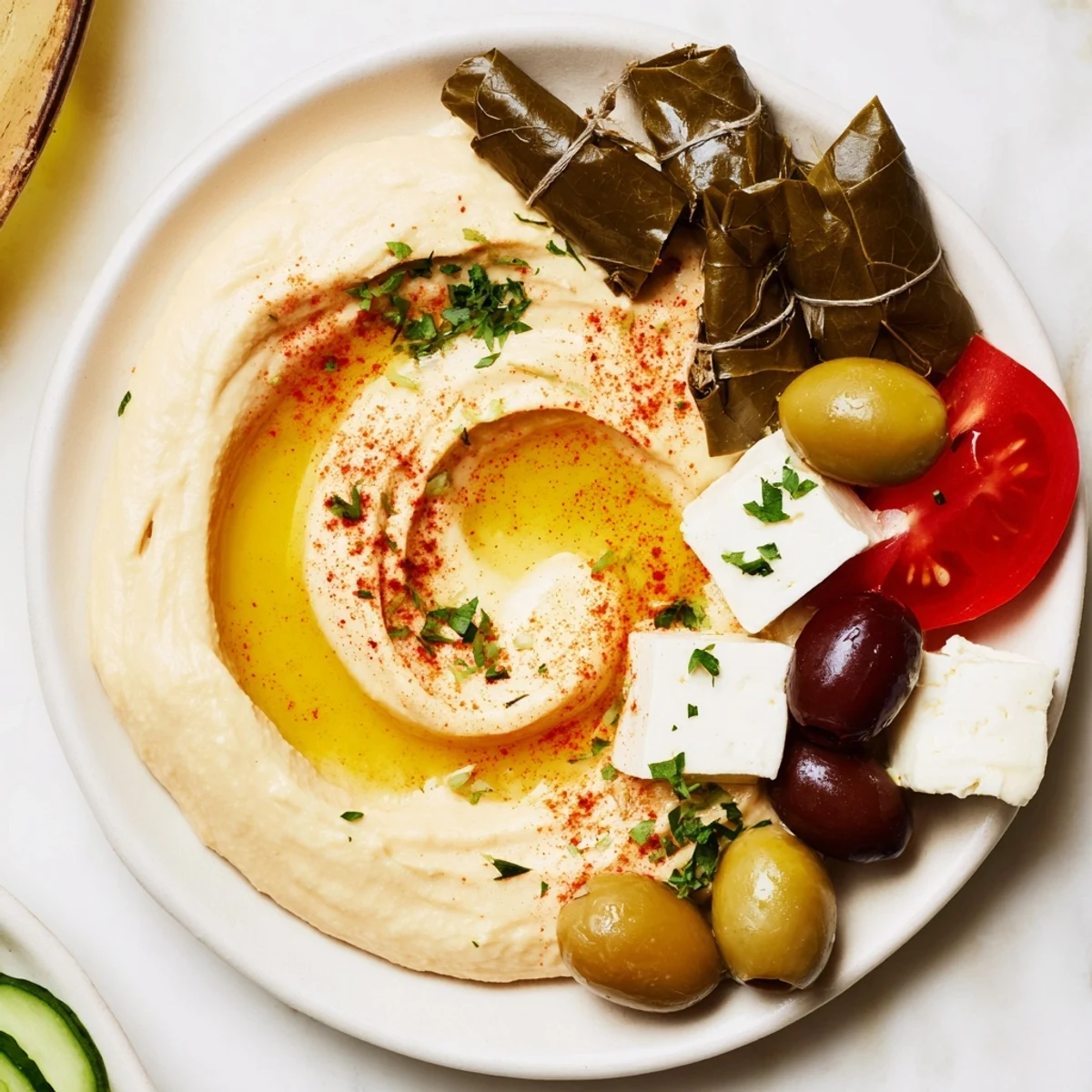 Close-up of a generously filled Turkish Meze Platter featuring olives, feta, and warm pita bread.
