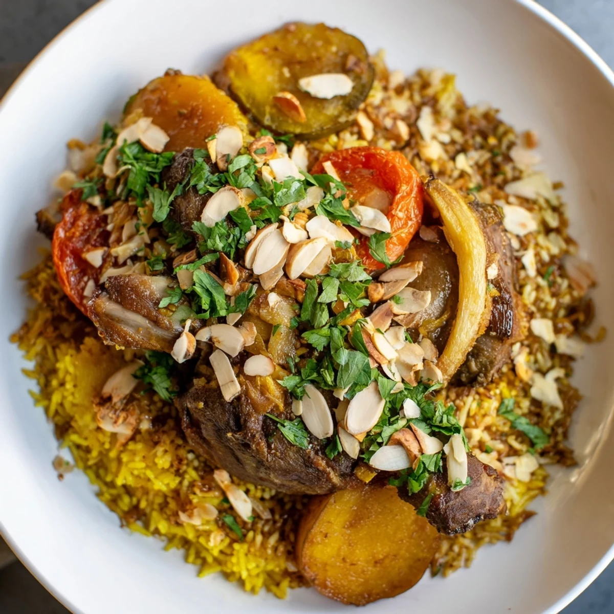 Layered Palestinian Maqluba, showcasing tender lamb, fluffy rice, and roasted vegetables, ready to serve beautifully.
