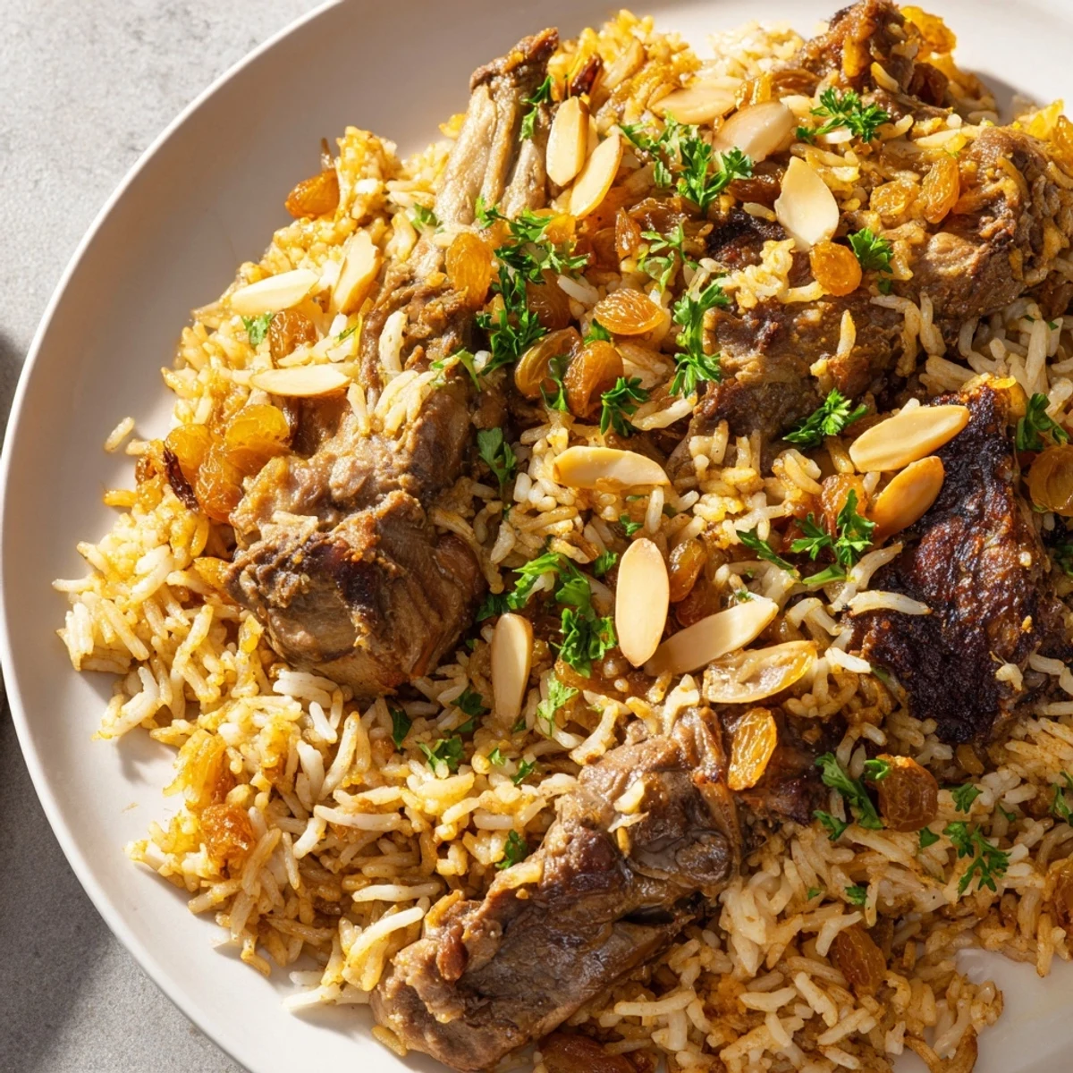 Fluffy, fragrant Saudi Kabsa rice, speckled with golden raisins and toasted almonds, a festive main course.