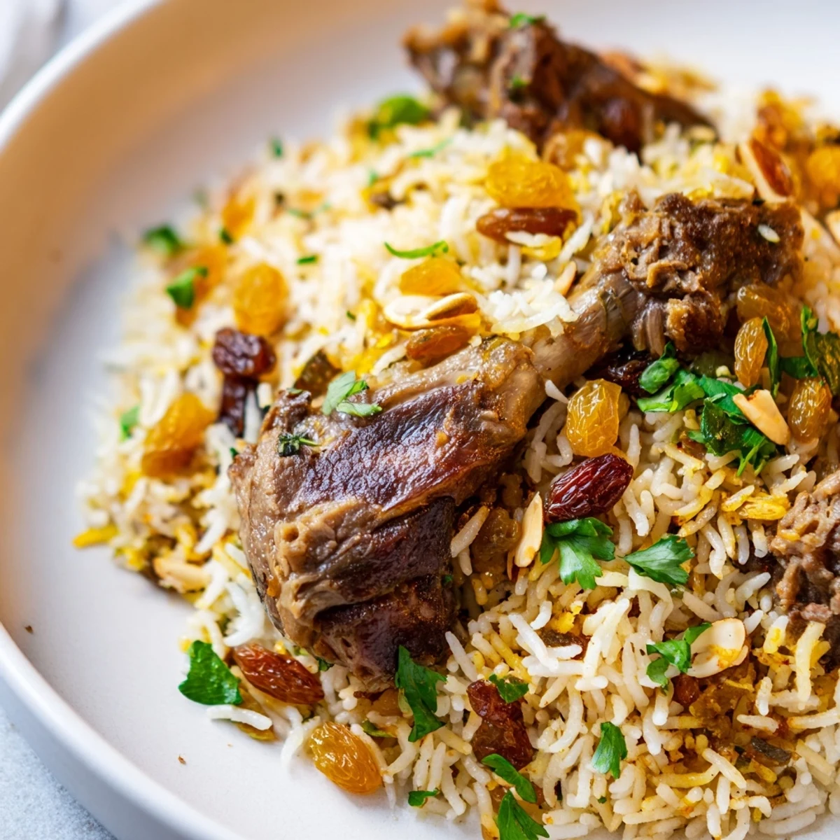 Aromatic Saudi Kabsa, featuring tender meat and fluffy rice, ready to serve with fresh parsley sprinkled on top.