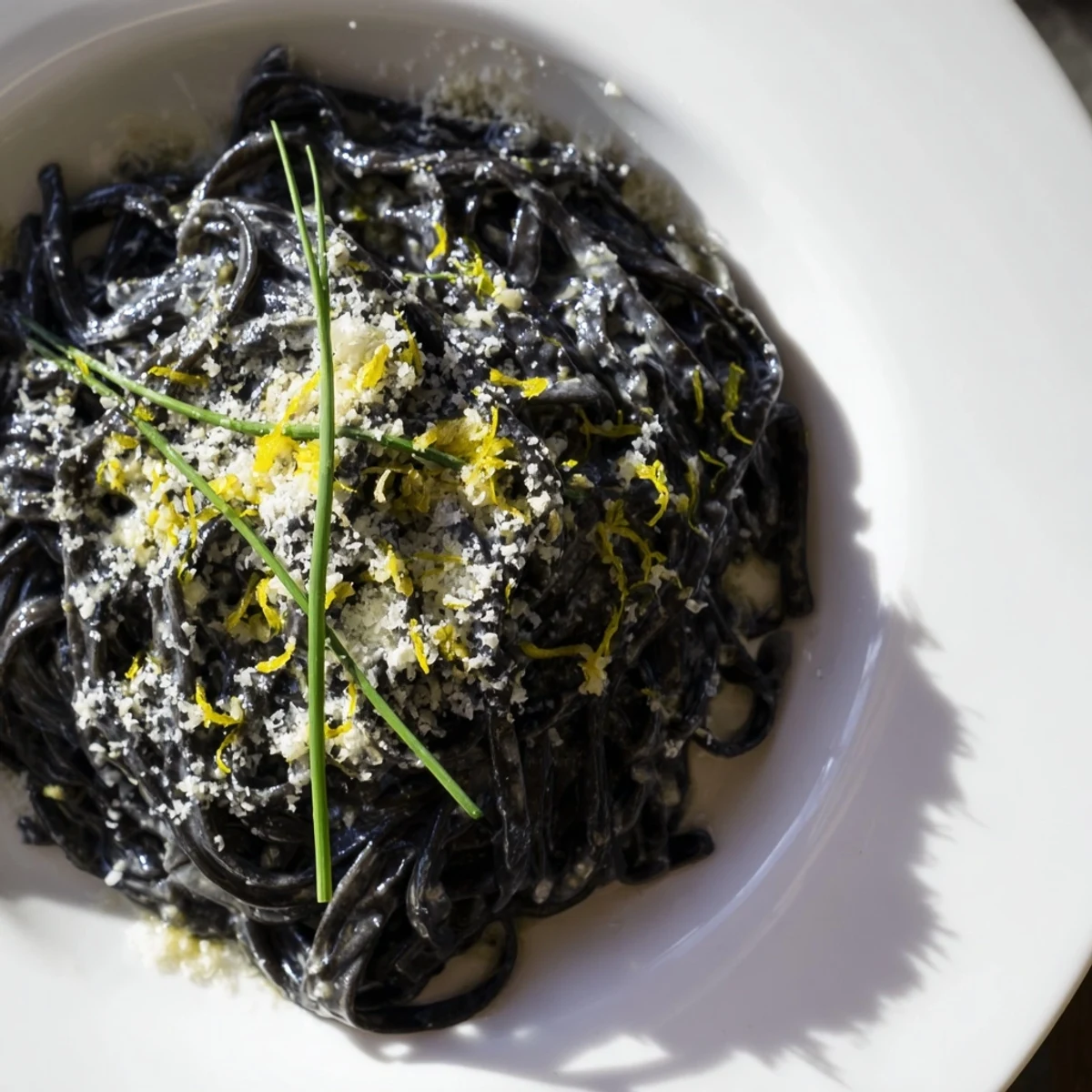 Luxurious black Squid Ink Pasta tossed in a silky lemon-cream sauce, ready to serve with lemon wedges and parsley garnish.