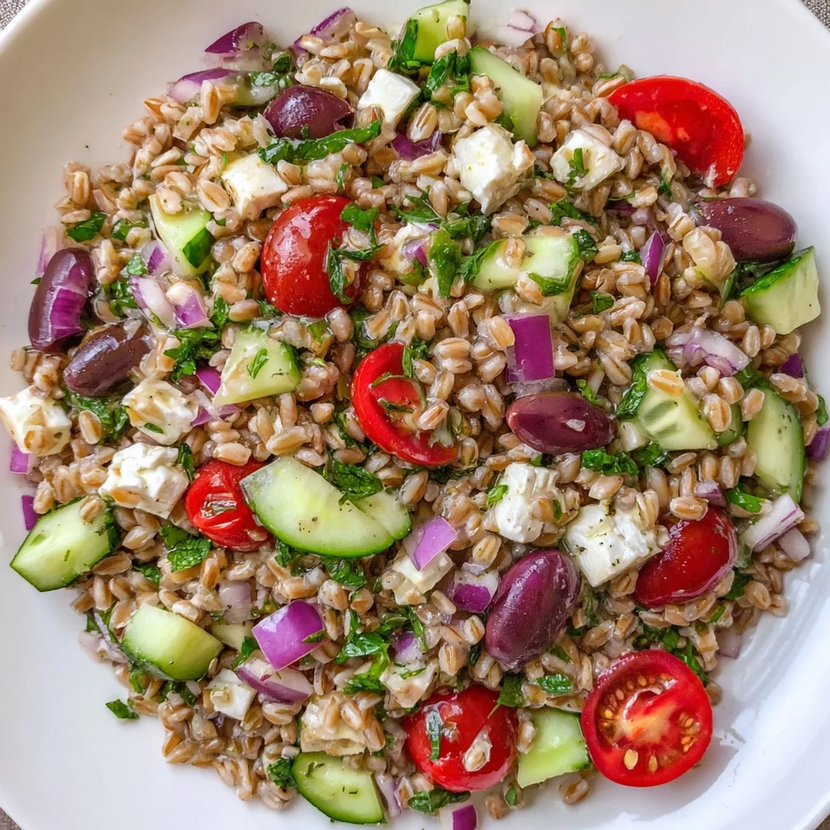 A bowl of Farro Salad Mediterranean with juicy tomatoes, crisp cucumber, briny Kalamata olives, and creamy feta in a zesty lemon dressing.