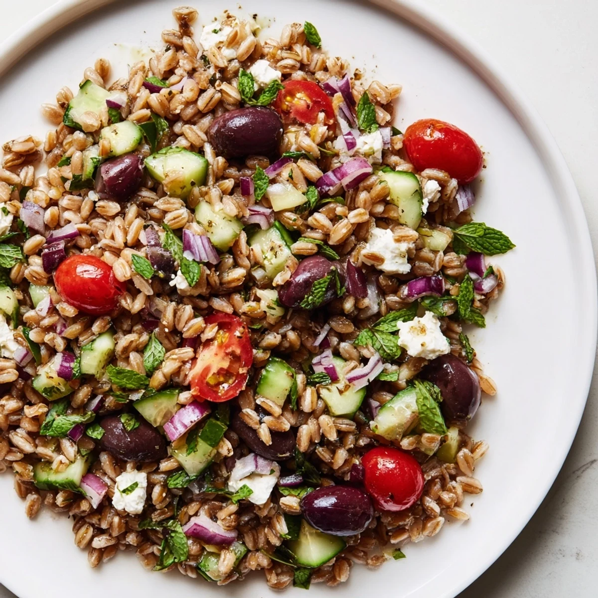 Healthy Farro Salad Mediterranean featuring nutty grains, vibrant vegetables, and crumbled feta cheese, glistening with a bright, oregano-lemon dressing.