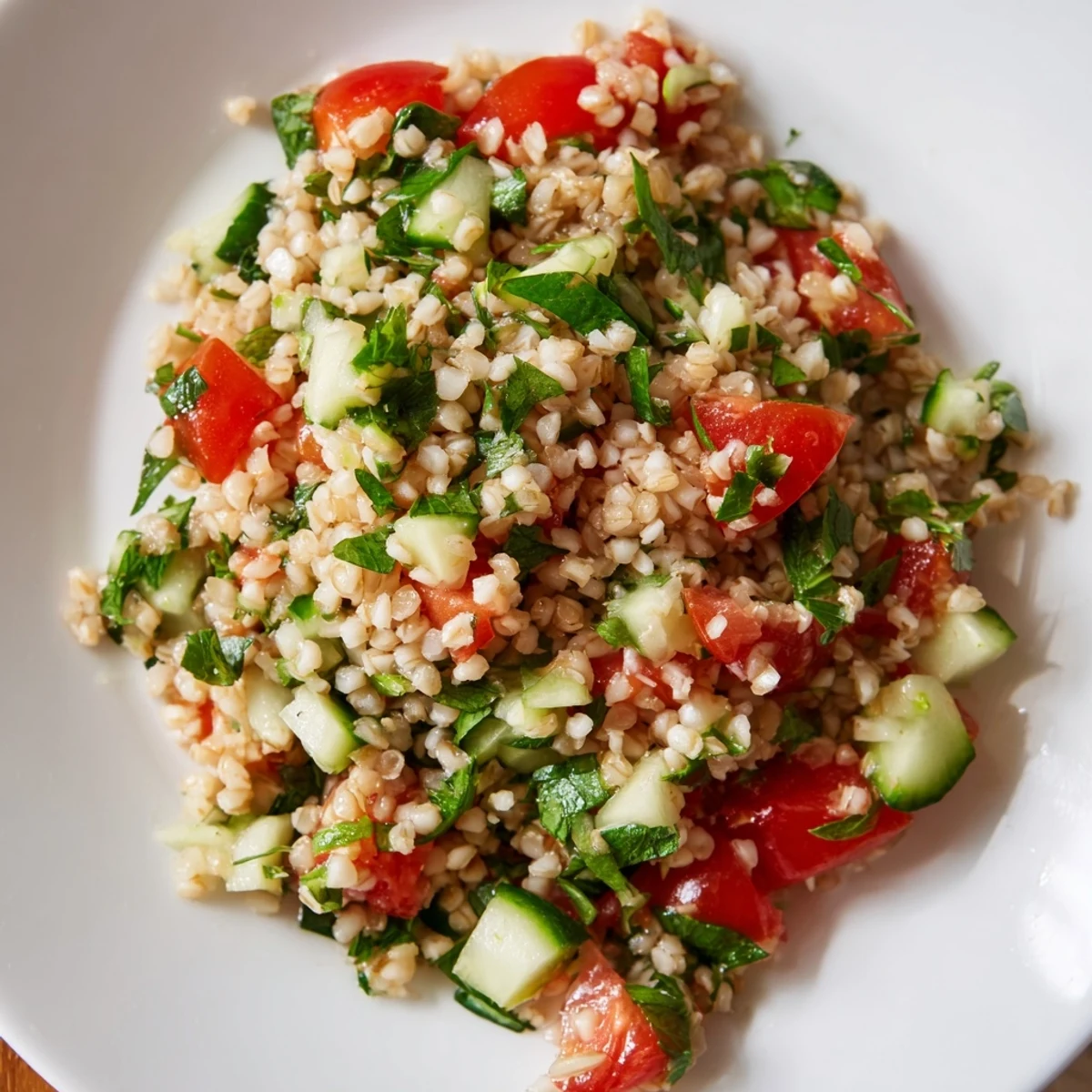 Freshly chopped flat-leaf parsley and ripe tomatoes mingle in a vibrant bowl of homemade Bulgur Wheat Salad Tabbouleh.