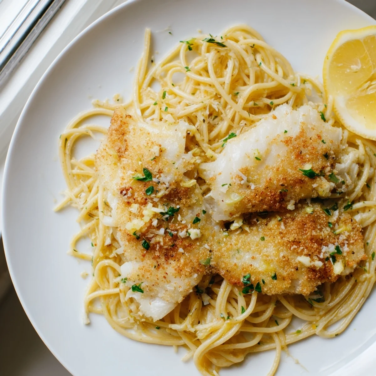Crispy fish pasta with golden flakes of cod, al dente spaghetti, and fresh lemon zest garnish.