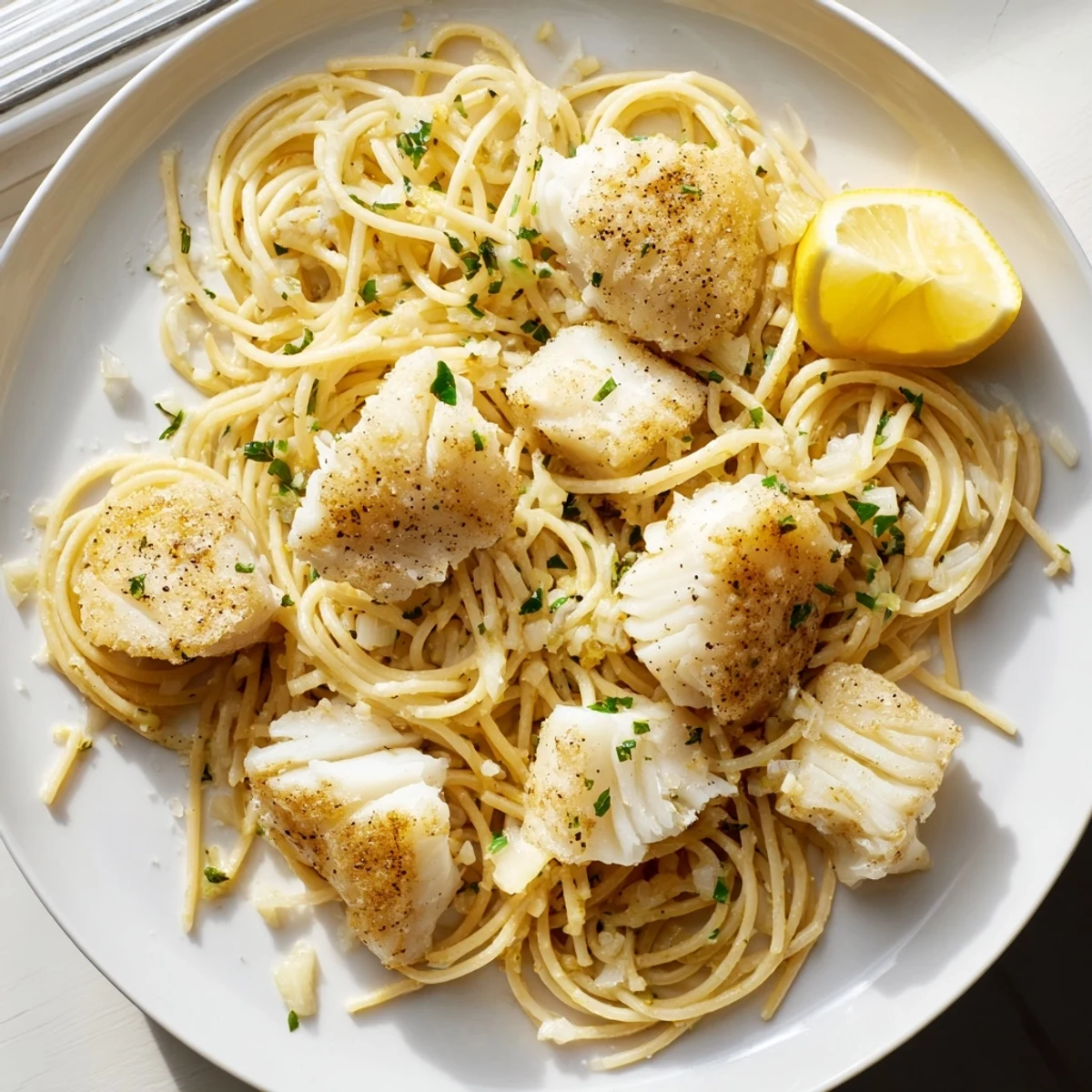 A vibrant plate of Crispy Fish Pasta featuring golden fish, herbs, and wedges for serving.