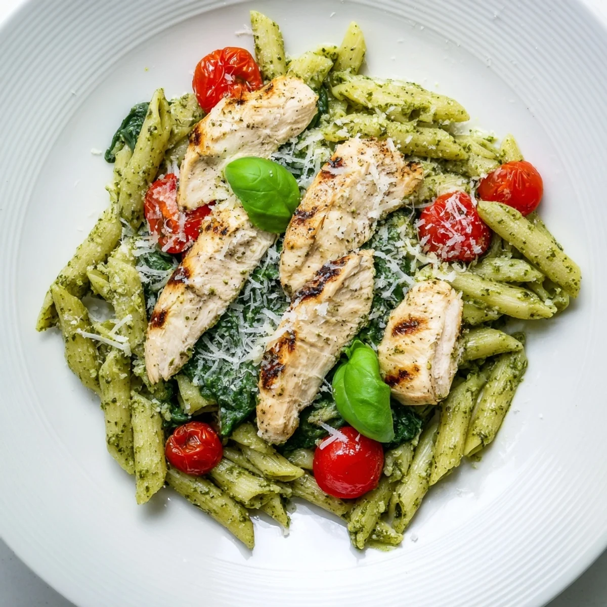 Freshly grilled chicken slices rest atop a steaming bowl of pesto chicken pasta, garnished with bright cherry tomatoes and basil.