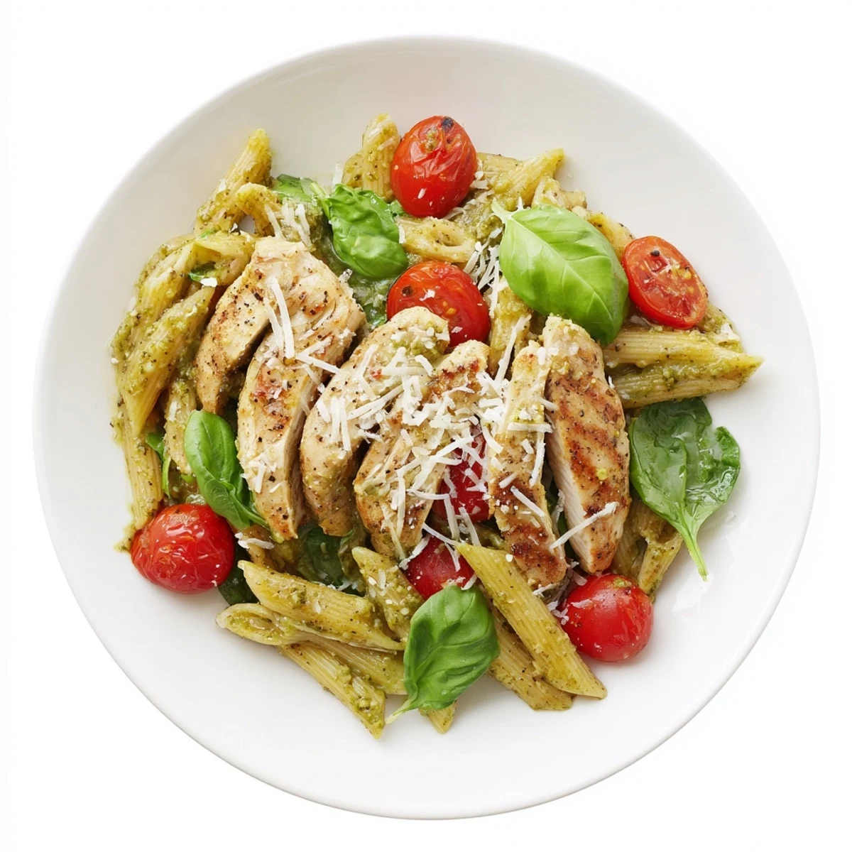 A close-up of pesto chicken pasta shows al dente penne tossed in basil pesto, with melted Parmesan and wilted spinach.