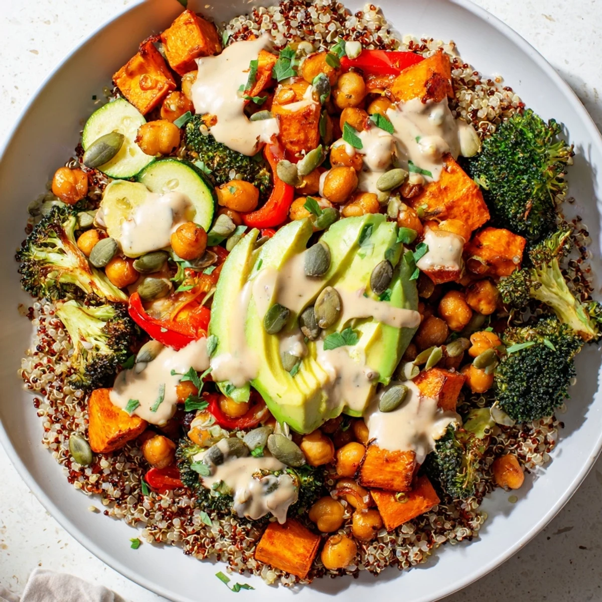 Golden roasted sweet potato and broccoli piled over fluffy quinoa in a Quinoa Buddha Bowl, drizzled with creamy tahini dressing.