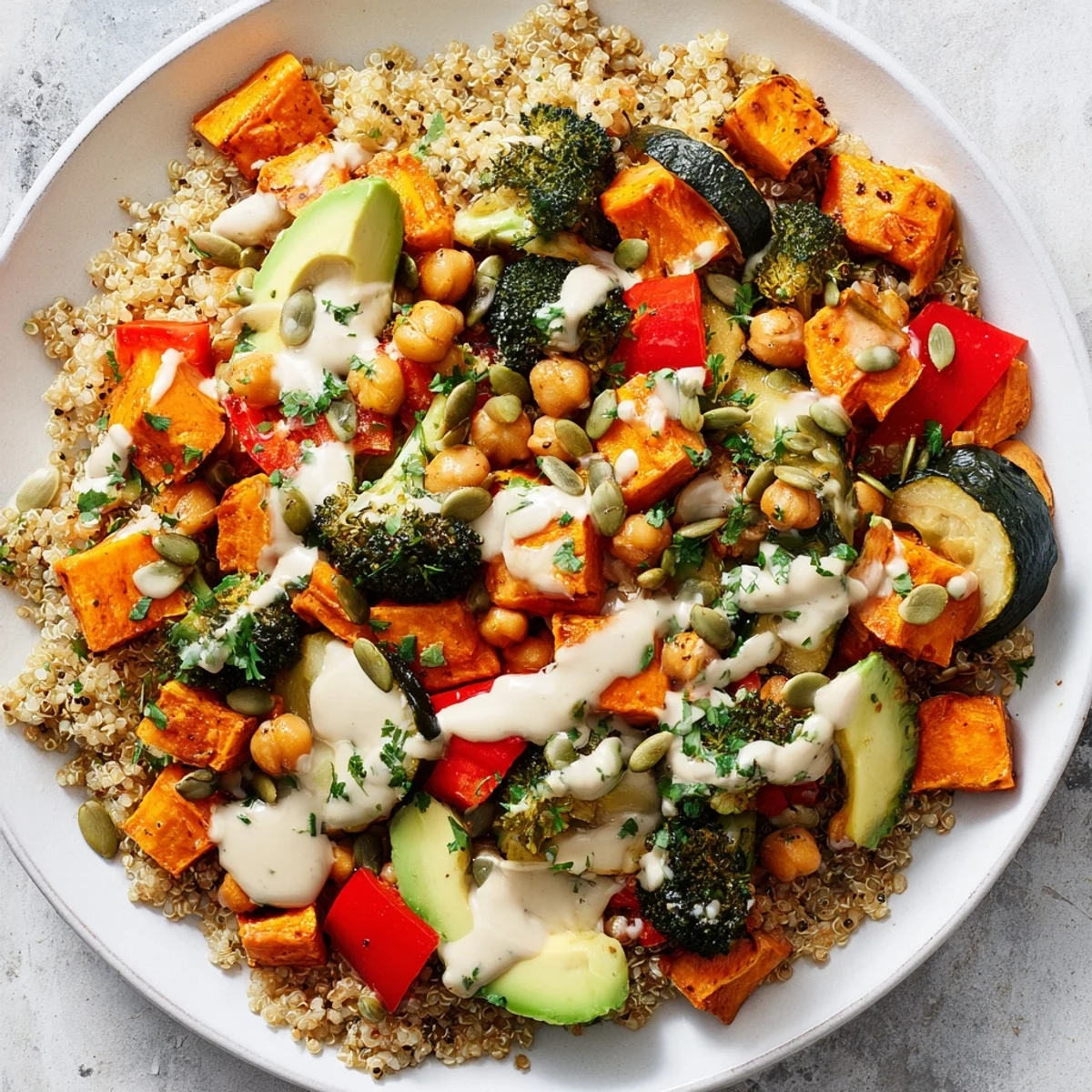 A vibrant Quinoa Buddha Bowl with roasted veggies, chickpeas, and avocado, finished with crunchy pumpkin seeds and fresh herbs.