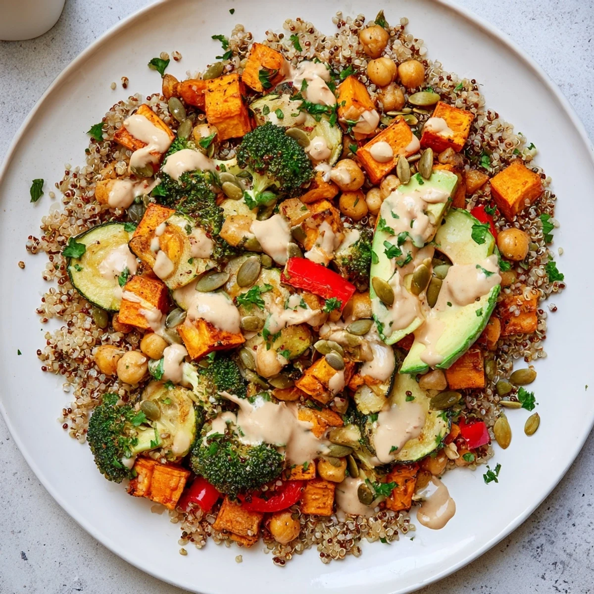 Colorful Quinoa Buddha Bowl featuring caramelized bell peppers, zucchini, and chickpeas, generously topped with smooth lemon-tahini dressing.