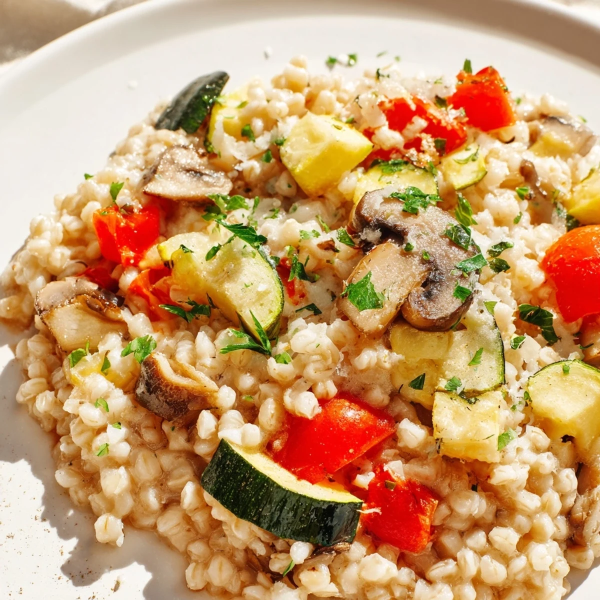 A warm bowl of creamy pearled barley topped with colorful oven-roasted zucchini, bell peppers, and cherry tomatoes.