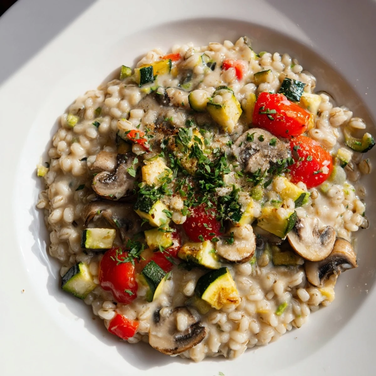Serve this creamy pearled barley bowl garnished with fresh parsley and a sprinkle of Parmesan for a wholesome lunch.