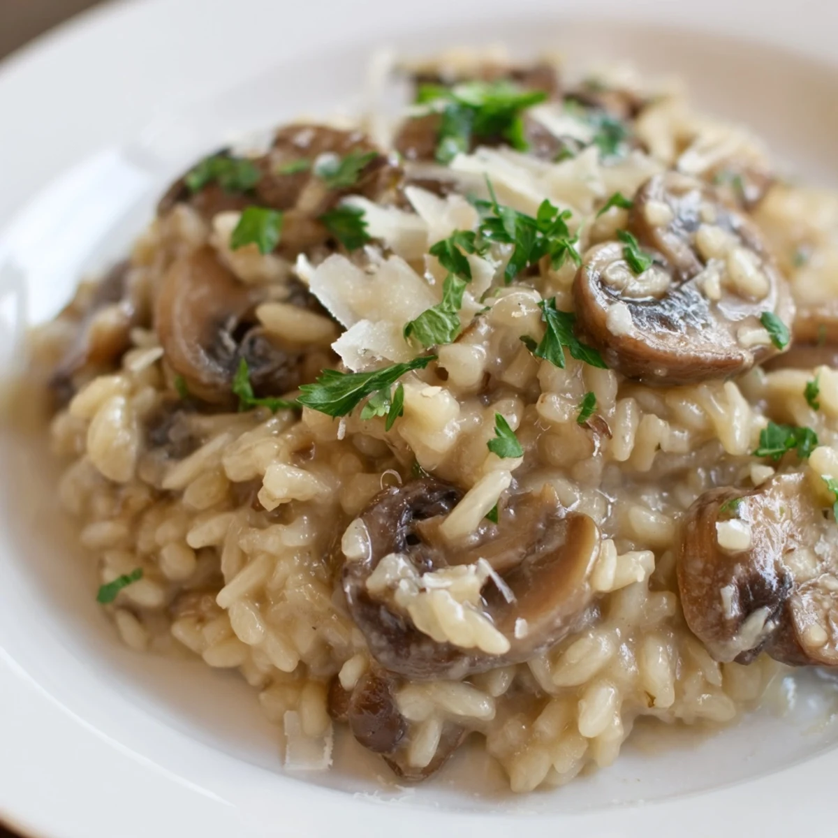 A steaming bowl of creamy orzo mushroom risotto-style pasta, garnished with fresh parsley and extra Parmesan, ready to serve.