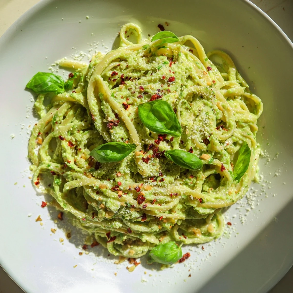 Creamy smashed avocado pasta twirled on a fork, garnished with lime wedges and fresh basil.  