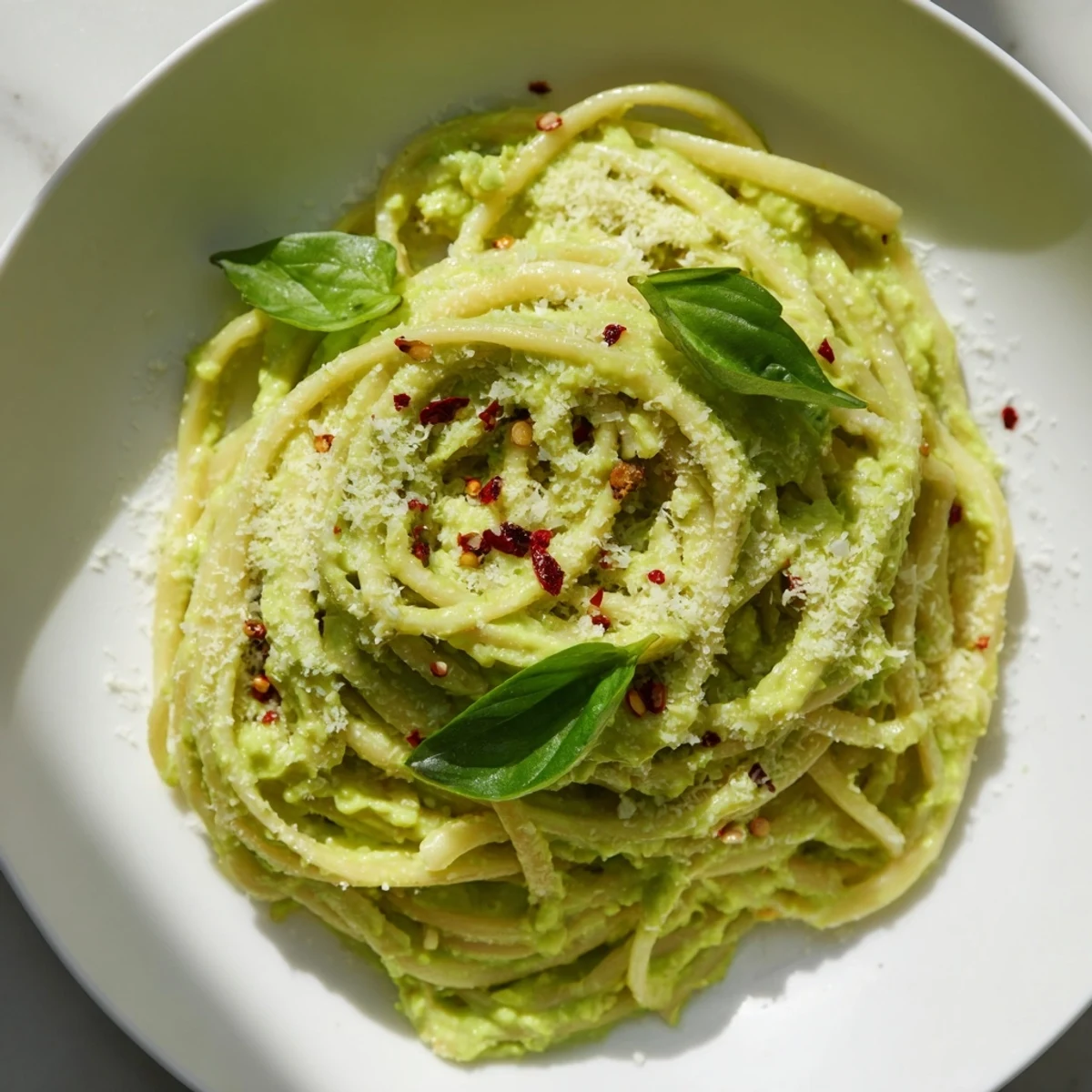 Two servings of smashed avocado pasta with lime zest and fresh herbs.