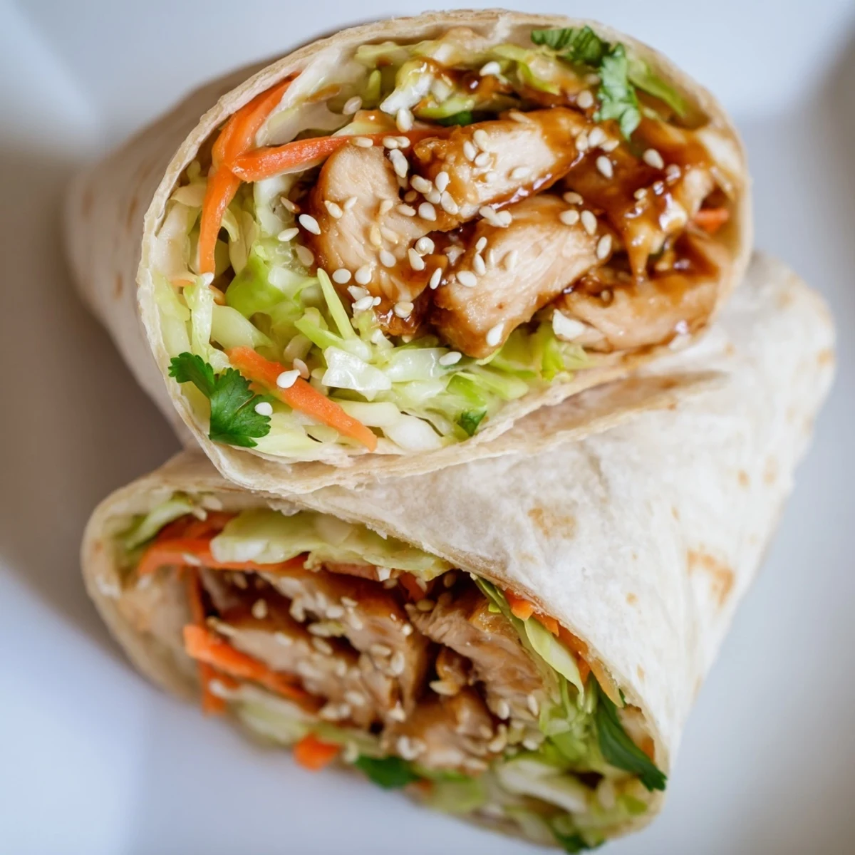 Freshly prepared Teriyaki Chicken Wrap with tender glazed chicken strips, crisp shredded cabbage, and carrots nestled in a soft flour tortilla.