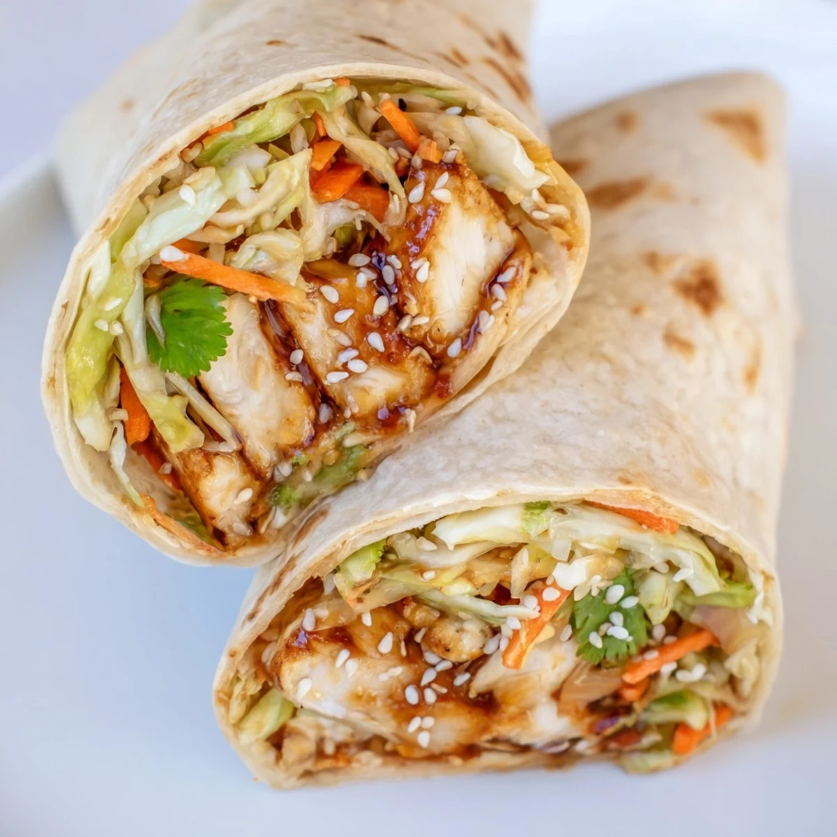 Easy homemade Teriyaki Chicken Wrap featuring juicy chicken, fresh veggies, and a glossy teriyaki glaze in a rolled tortilla.
