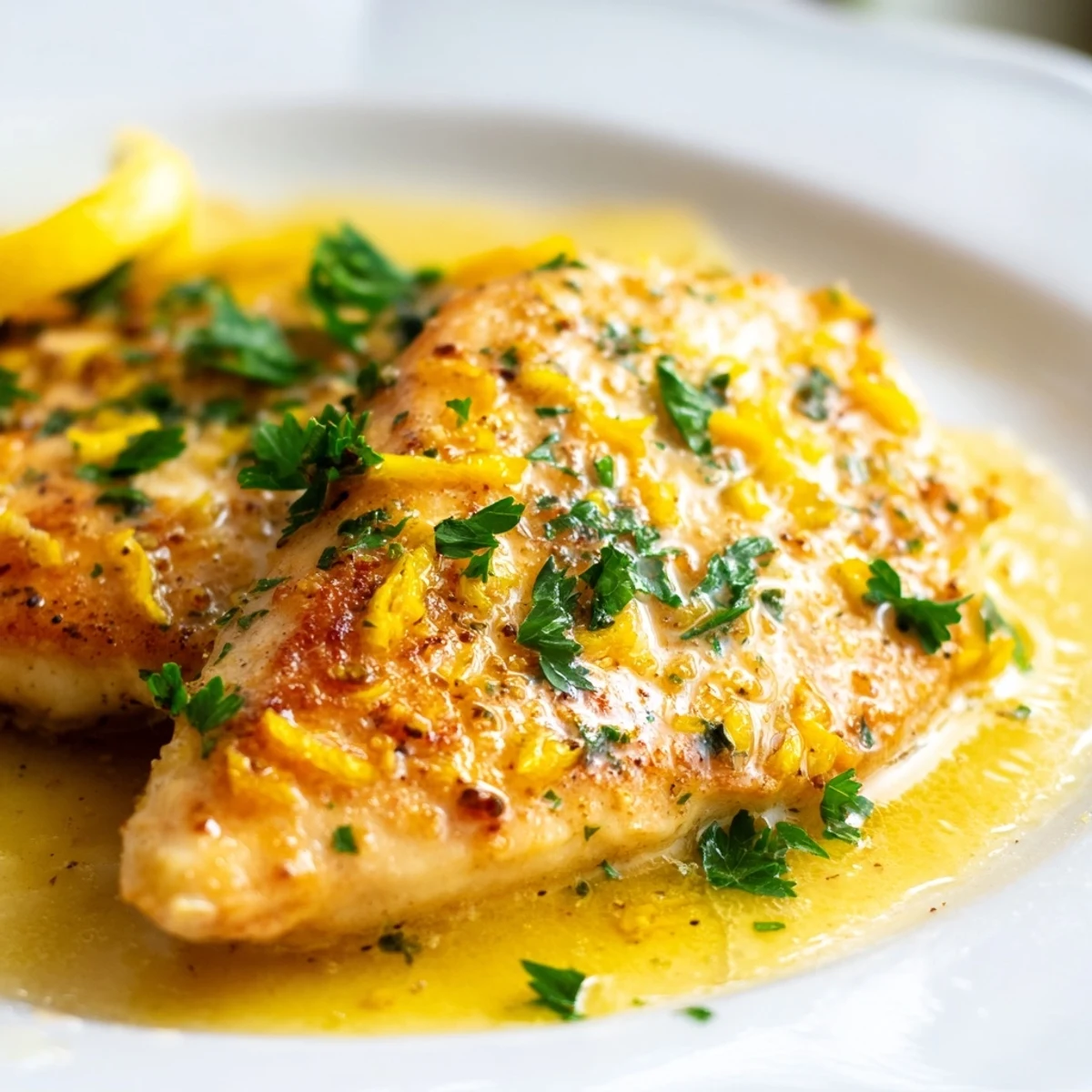 Tender pan-seared Lemon Pepper Chicken on a plate with steamed broccoli and a lemon wedge.