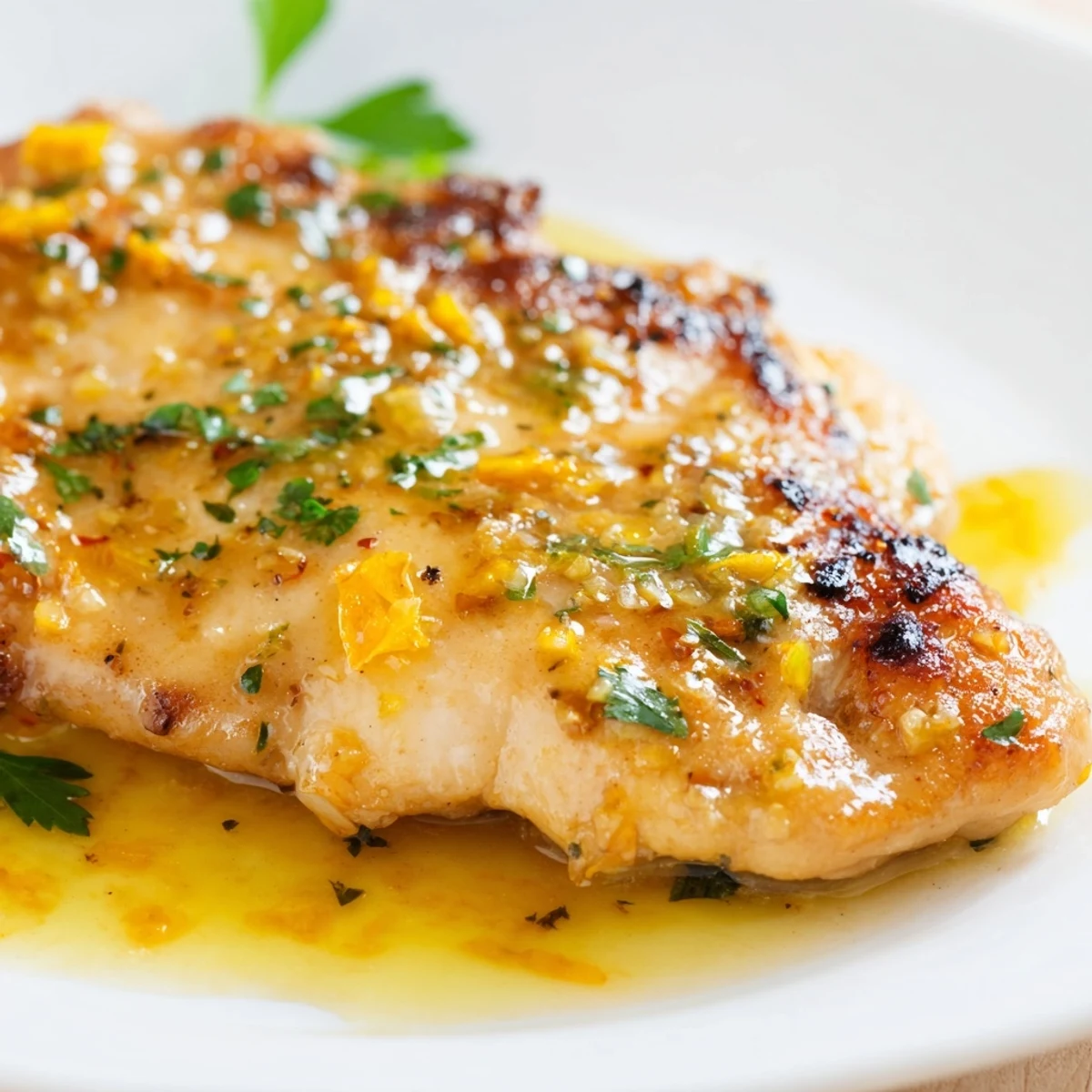 Close-up of Lemon Pepper Chicken with glossy butter sauce, fresh parsley, and cracked pepper.