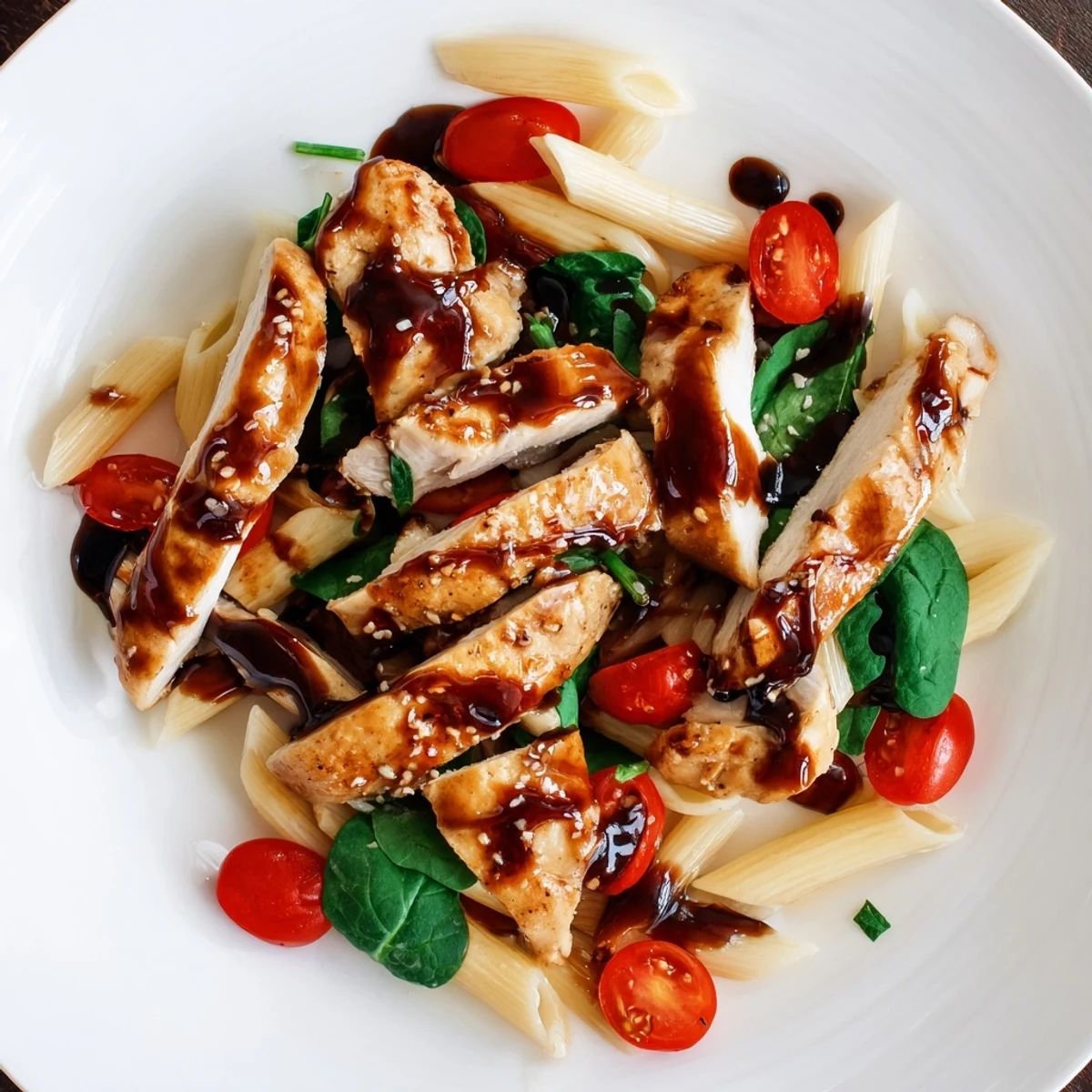 Glossy balsamic glazed chicken pasta with penne, spinach, and halved cherry tomatoes in a skillet.  