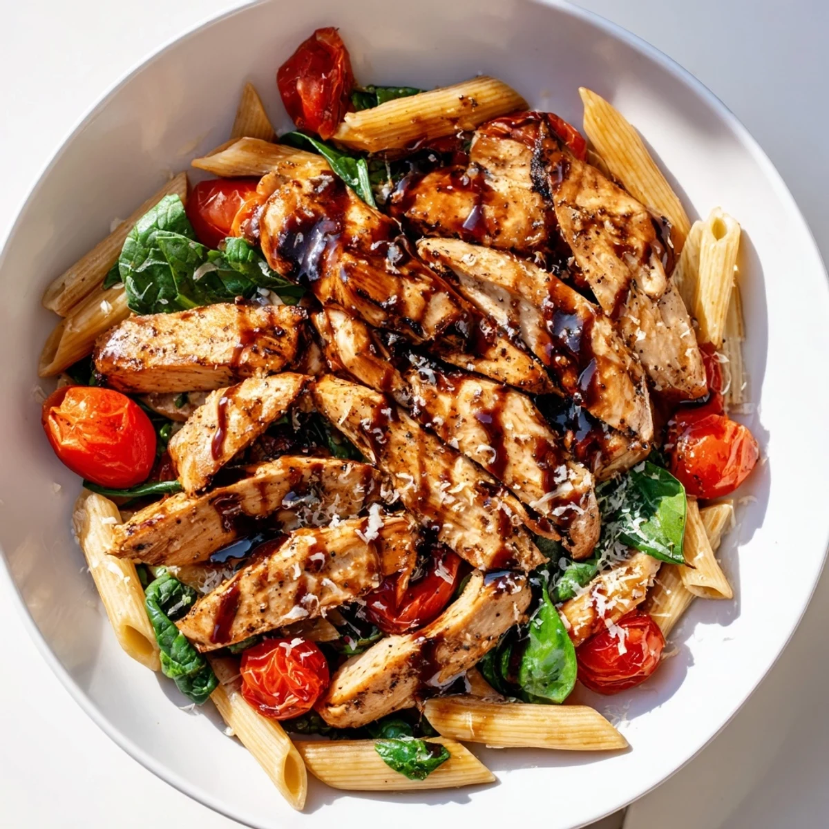 Close-up of balsamic glazed chicken pasta, showcasing glossy sauce, tender chicken, and vibrant greens.