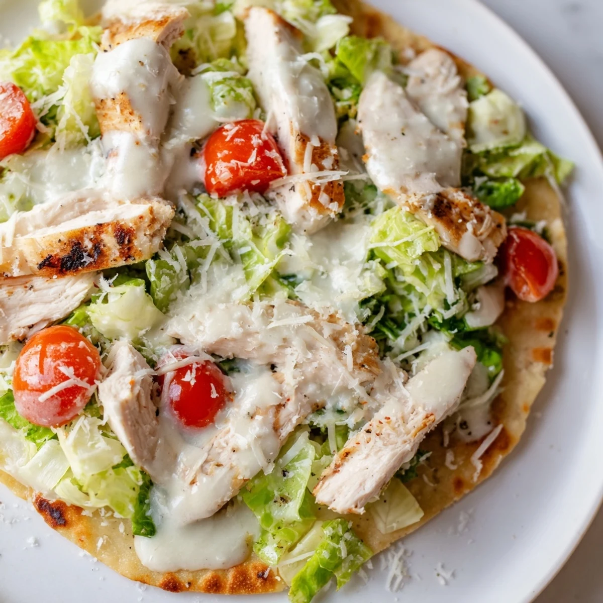Golden-baked Caesar Chicken Flatbread topped with fresh romaine, tomatoes, and shaved Parmesan, served on a wooden board.