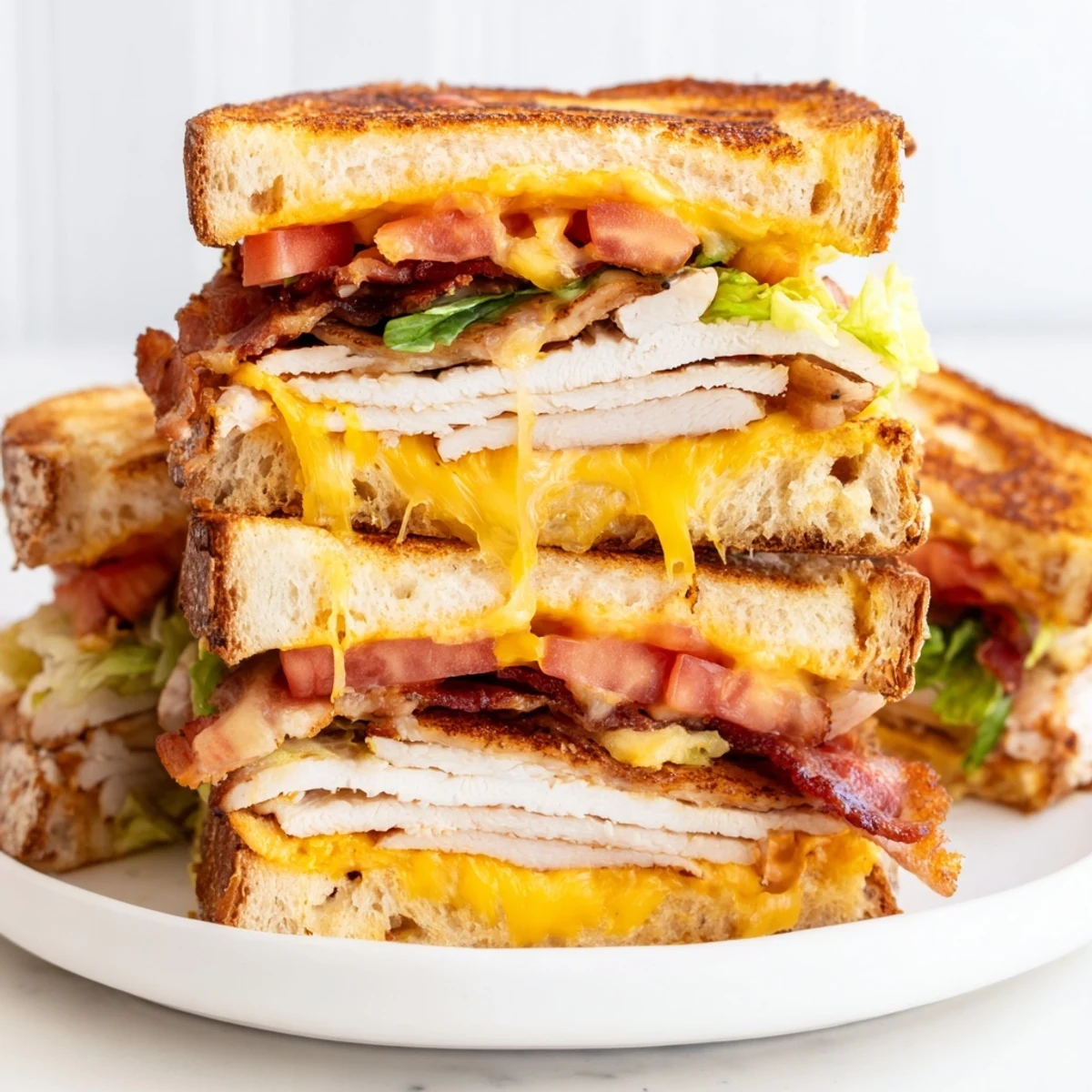 Toasted golden sourdough slices hold layers of melted cheddar, roasted turkey, crispy bacon, fresh lettuce, and juicy tomato slices in this Turkey Club Grilled Cheese.